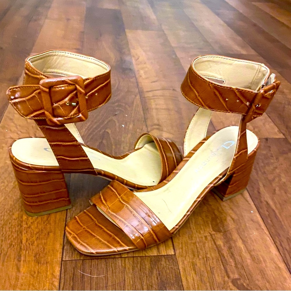 Croc embossed block heel sandal